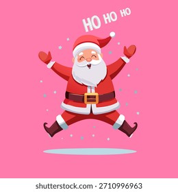 Dibujo del año Nuevo de Santa saltando. Navidades espíritu. Papá Noel con barba blanca y gorra roja. Padre Frost con el texto "Ho Ho Ho." Ilustración vectorial.