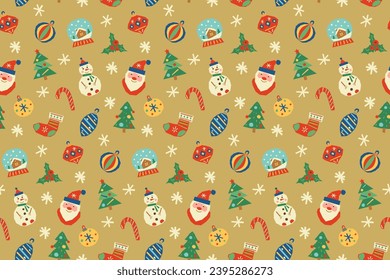 New Year's elements cut out of colored paper or cardboard. Seamless pattern.Children's handmade.Design for wrapping paper, fabric and textile.Vector stock illustration.