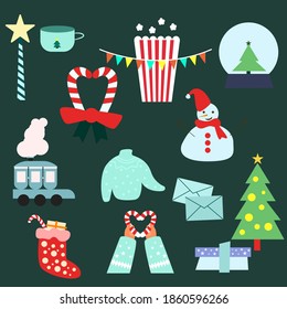 New Year's Elements, on a dark background . Seamless pattern of Christmas pictures, popcorn, Christmas caravan, Christmas candy, snow globe, Christmas tree. 
