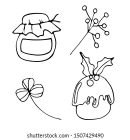 New years elements. Vector leaves, tasty winter cake and jam. Hand drawn symbols.