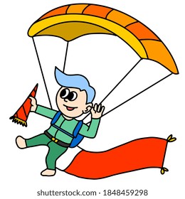 New Year's End celebration with parachuting attraction. cartoon illustration sticker mascot emoticon