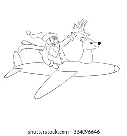 New Year's Eve 2016 - Santa Claus and reindeer flying a blue airplane on Christmas coloring vector