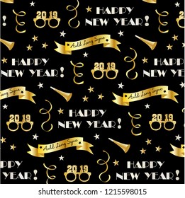 new years eve 2019 vector pattern with gold banners, glasses, stars and confetti streamers