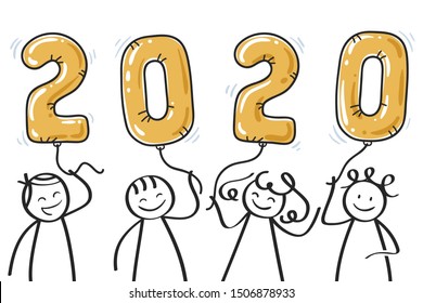 New Year's Eve 2020, stick people holding golden cartoon balloon numbers