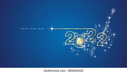 New Year's Eve. 2022 Happy New Year clock countdown line design shining sparkle firework champagne gold white blue banner vector