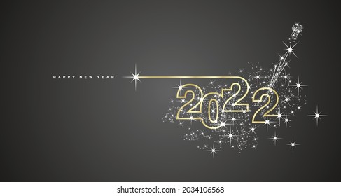 New Year's Eve 2022 line design sparkle firework open champagne gold white black vector banner