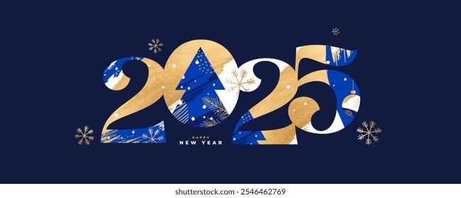 New Year's Eve 2025 card, poster, web banner or header, holiday cover. Xmas New Year template in trendy art style with gorgeous number 2025 design in gold and blue colors for ads and season greetings