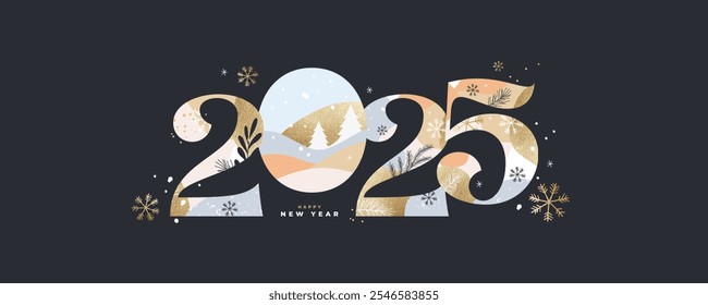 New Year's Eve 2025 card, poster, web banner or header, holiday cover. Xmas New Year design template in trendy art style with gorgeous number 2025 design isolated on black for ads and season greetings