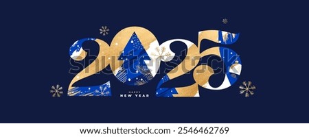 New Year's Eve 2025 card, poster, web banner or header, holiday cover. Xmas New Year template in trendy art style with gorgeous number 2025 design in gold and blue colors for ads and season greetings