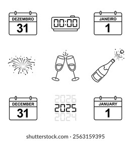 New Year's Eve 2025 Minimalist Black and White Icons