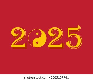 New Year's Eve 2025 with Yin Yang symbol vector. Traditional, symbol, 2025, festival, holiday, china, japan. Can use for infographic, banner, poster, web design. Isolated on red background.