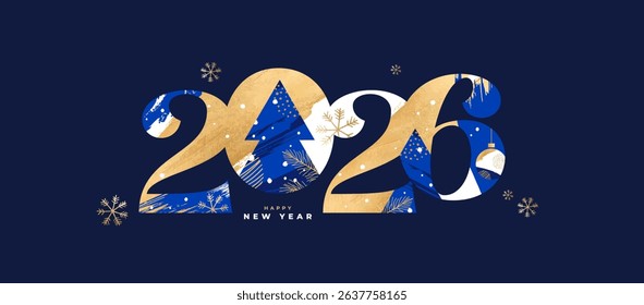 New Year's Eve 2026 card, poster, web banner or header, holiday cover. Xmas New Year template in trendy art style with gorgeous number 2026 design in gold and blue colors for ads and season greetings