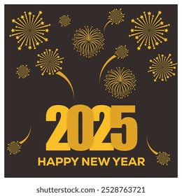Oudejaarsavond vieren met vuurwerk. Gouden vuurwerk versierde de nachtelijke hemel. Gelukkig nieuwjaar 2025 concept. Vlakke vectorillustratie.