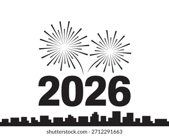 Silvesterfeier mit einem Feuerwerk über einer Skyline der Stadt, das das Jahr 2026 in fettgedrucktem Text markiert.