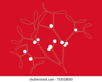 New Year's Eve celebration, mistletoe, ixia, gold and white on red background