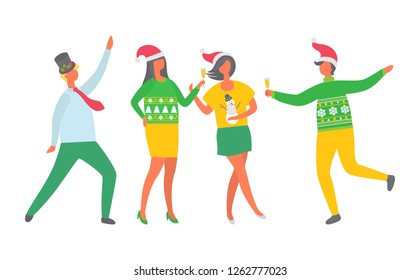 New Years Eve celebration vector, Christmas party people. Man and woman dancing and drinking alcohol, champagne poured in glass. Tipsy happy crowd