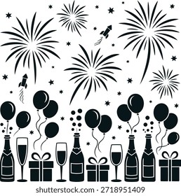 New Year's Eve Celebration Vector with Champagne and Fireworks