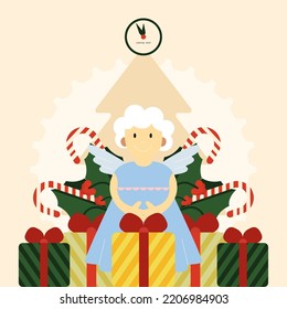New Year's Eve or Christmas Eve. Beautiful vector vintage holiday greeting card. The image of an angel on the background of gifts