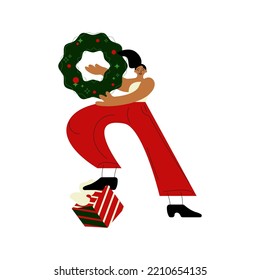 New Year's Eve or Christmas Eve. A modern concept of buying gifts for family and friends. Image of a girl with gifts