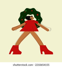 New Year's Eve or Christmas Eve. A modern concept of buying gifts for family and friends. Image of a girl with a New Year's wreath