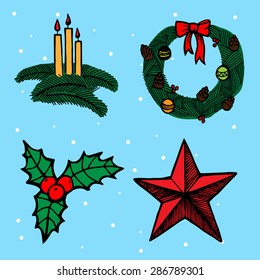 New Year's Eve, Christmas vector set of icons - ?hristmas candles, wreath, omela, star on a chalkboard background.