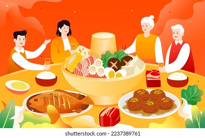 New Year's Eve dinner scene with various food and hot pot in the background, vector illustration, 
Chinese translation: New Year's Eve dinner