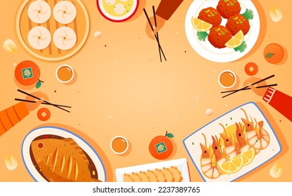 New Year's Eve dinner scene with various food and hot pot in the background, vector illustration, 
Chinese translation: New Year's Eve dinner