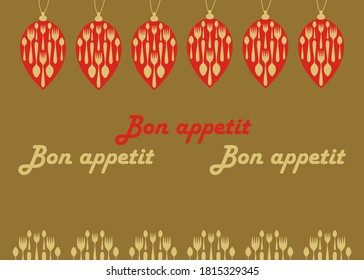 New Year's Eve dinner, template for poster or menu. Christmas decorations in the shape of cones and the inscription Bon appetit. Vector illustration