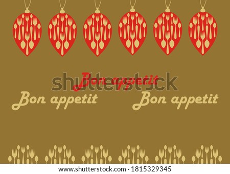 New Year's Eve dinner, template for poster or menu. Christmas decorations in the shape of cones and the inscription Bon appetit. Vector illustration