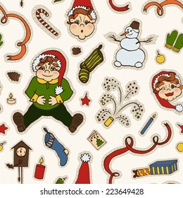 New Year's Eve. Elements. Gnomes. Gifts. Embroidery. Seamless