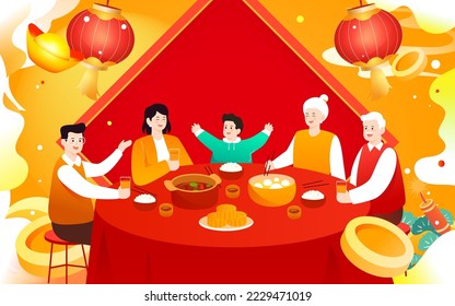 New Year's Eve family having New Year's Eve dinner with various delicacies and auspicious clouds in the background, vector illustration