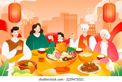 New Year's Eve family having New Year's Eve dinner with various delicacies and auspicious clouds in the background, vector illustration