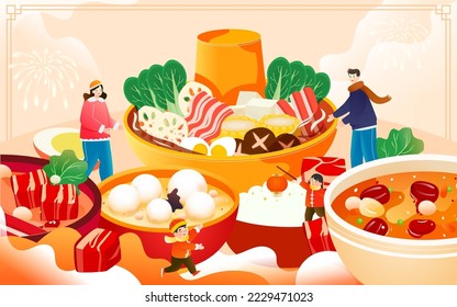 New Year's Eve family having New Year's Eve dinner with various delicacies and auspicious clouds in the background, vector illustration