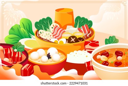 New Year's Eve family having New Year's Eve dinner with various delicacies and auspicious clouds in the background, vector illustration