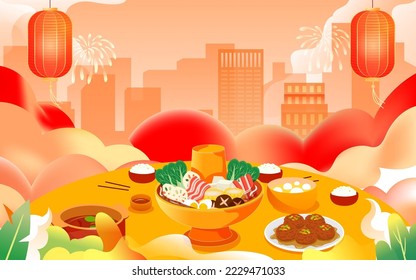 New Year's Eve family having New Year's Eve dinner with various delicacies and auspicious clouds in the background, vector illustration