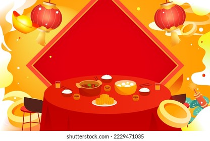 New Year's Eve family having New Year's Eve dinner with various delicacies and auspicious clouds in the background, vector illustration