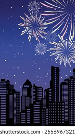 New Year's Eve fireworks and city buildings silhouette wallpaper