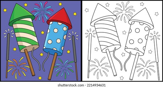 New Years Eve Fireworks Coloring Page Illustration