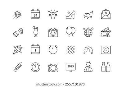 New Year's Eve icon. Editable strokes. Pixel Perfect. For Mobile and Web. Contains icons such as New Year's Eve, Party, Fireworks, Music, Drinking, Campaign, Countdown, Celebration, High Heels, Restau