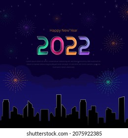 New year's eve illustration with city building silhouette background for social media post
