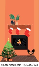New Year's Eve interior. Decorated Christmas tree near the fireplace. Vector illustration