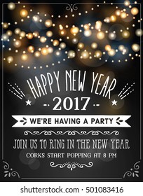 New Year's Eve invitation over party lights background with sample text. 