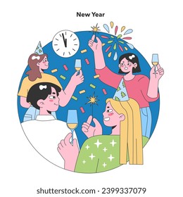 New Year's Eve. Joyful group toasting to the countdown with sparklers and champagne, welcoming the year ahead. Flat vector illustration.