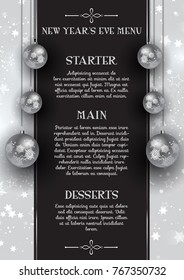 New Year's Eve menu design with hanging silver baubles