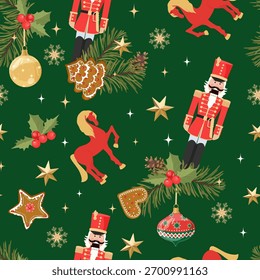 Nueva Nochevieja con un Cascanueces y decoraciones navideñas sobre un fondo verde. Ilustración vectorial sin costuras para decorar textiles y embalajes.