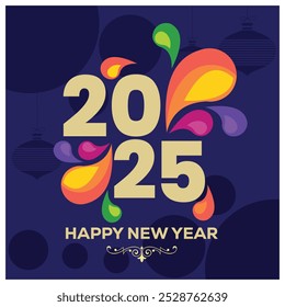 New Year's Eve party celebration. Colorful fireworks in the dark blue sky. Happy New Year 2025 concept. Flat vector illustration.