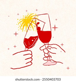 Fiesta de Nochevieja Nueva con tostadas de champán y confeti, tostadas de champán, copa de vino, silueta de botella, archivos cortados de Cricut, celebración, Ilustración vectorial, vino de año Nuevo dibujado a mano, ícono de Cheers,