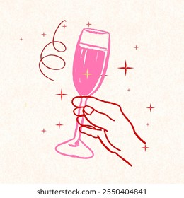 Fiesta de Nochevieja Nueva con tostadas de champán y confeti, tostada de champán, copa de vino, silueta de botella Archivos cortados de Cricut, celebración, Ilustración vectorial, vino de año Nuevo dibujado a mano, Cheers, fiesta 