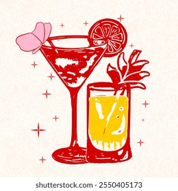 Fiesta de Nochevieja Nueva con cóctel y confeti, tostada de champán, copa de vino, silueta de botella, archivos cortados de Cricut, celebración, Ilustración vectorial, vino de año Nuevo dibujado a mano, Cheers, fiesta 