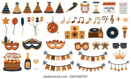 New Year's Eve party elements. Hand drawn vector illustrations of party hats, decorative buntings, musical notes, disco ball, karaoke, speakers, masquerade masks and more.